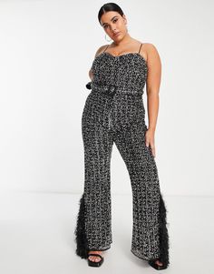 Glamorous Sleeveless Jumpsuits For Holidays, Black Belted Jumpsuit For Party, Sleeveless Belted Jumpsuit For Party, Glamorous Winter Party Jumpsuits And Rompers, Glamorous Winter Jumpsuits And Rompers For Night Out, Belted Jumpsuit, Feather Trim, Asos Curve, Sweetheart Neck