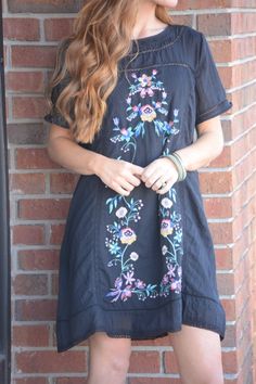 Vintage floral and embroidery design in on black! This dress is so feminine yet subtle and comfortable! $46.00 Vintage Embroidery Patterns, Bohemian Embroidery, Embroidery Patterns Ideas, Lazy Daisy Stitch, Embroidery Vintage, Patterns Ideas, Blue Door, Vintage Embroidery, Floral Embroidery