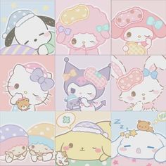 many different pictures of hello kitty and other cartoon characters in pastel colors, including cats