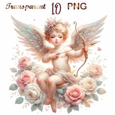 a cupid angel holding a bow and arrow with roses around it in front of the caption reads transparent 10 png