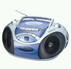 the radio is blue and has two speakers