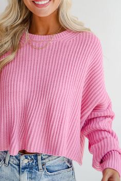 Snuggle up in the sweetest style with the Demure Sweetheart Pink Sweater! Crafted from a soft, high-quality knit, this sweater offers both comfort and warmth, making it ideal for layering on cooler days or wearing on its own for a pop of color. The sweater features a classic crew neckline and ribbed cuffs and hem for a snug, flattering fit. The vibrant pink hue adds a cheerful and feminine touch to your outfit, effortlessly elevating your everyday style. Its relaxed silhouette provides a comfort Sweaters For Fall, Cropped Pink, Brunch Dress, Casual Kimono, 4th Of July Outfits, Rust Dress, Puff Sleeve Dresses, Casual Jumpsuit, Rounded Neckline