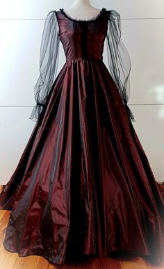 Victorian Ball Gowns Red, Black And Red Princess Dress, Gothic Burgundy Dress, Black Satin Evening Ball Gown, Elegant Black Ball Gown For Costume Party, Fitted Black Ball Gown For Costume Party, Black Satin Formal Ball Gown, Black Fitted Satin Ball Gown, Burgundy Ball Gown Evening Dress