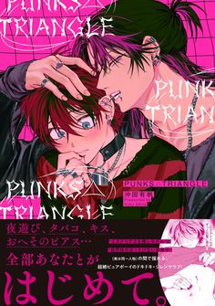 an anime poster with two people kissing in front of a pink background and the words punk triangle