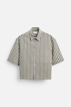 BOXY FIT STRIPED SHIRT - Khaki | ZARA United States Modern Striped Short Sleeve Top, Pinstripe Cotton Short Sleeve Shirt, Modern Short Sleeve Top With Striped Collar, Short Sleeve Shirt With Striped Collar For Work, Zara Striped Collared Tops, Relaxed Fit Short Sleeve Shirt With Striped Collar, Pinstripe Short Sleeve Relaxed Fit Shirt, Classic Pinstripe Short Sleeve Top, Relaxed Fit Shirt With Striped Collar And Short Sleeves