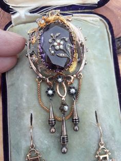 "ATTENTION BUYERS.. PLEASE READ ANNOUNCEMENT IN MY SHOP. it's very important information there about purchasing items. Must purchase thru Etsy only, NOT from \" Offsite ads\"Absolutely Stunning REAL VICTORIAN ( not reproduction) set, Earrings and Brooch, 14k Gold, Natural Amethyst, Seed Pearl, tiny Ruby on the brooch.. Dangling.. Weight 21.29 Grams approximately.  Brooch is 3 1/4\" long Eating 2.5\" long. Good Antique Pre Owned Condition. Come with Original Box, top of the box have some discolor 1890 Jewelry, Antique Jewelry Victorian, Victorian Brooch, Inspo Art, Historic Fashion, Historical Jewellery, Antiques Jewelry, Box Top, Antique Gift