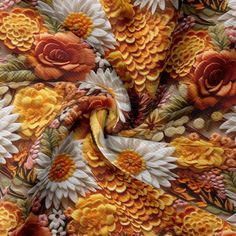 an orange and yellow floral print fabric with white flowers on the bottom, and brown leaves in the middle