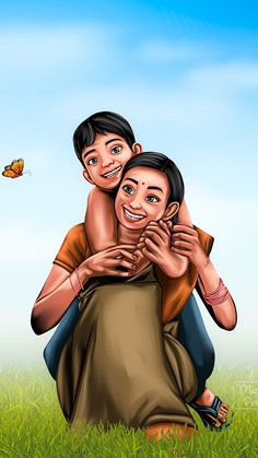 a man and woman hugging in the grass with a butterfly flying above them on a sunny day