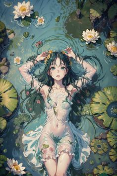 a painting of a woman floating in water surrounded by lily pads and lilli flowers