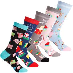 PRICES MAY VARY. Enough Quantity: you will receive 5 pairs of reading book socks in different colors, enough to meet your daily match and replace needs, stylish designs will make you look attractive, and these novelty reading book print socks will bring you a good mood Books Print Socks: there are many cute patterns printed on the socks, such as books patterns, alarm clock, coffee, globe, positive words and some study related theme groups, all expressing the love of reading Wearing with Comfort: Female Books, Girls Teacher, Book Socks, Funny Nerd, Books To Read For Women, Socks Christmas, Bookclub Gifts, Blue Q, Socks Cute