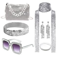 PRICES MAY VARY. Full Set 70s accessories - The disco outfits set includes 1 piece of glitter silver scarf, 1 pair of sequin earrings, 1 piece of 70s headband, 1 piece of sequin coil bracelet, 1 piece of rectangle disco glasses, and 1 piece of glitter silver bag, which can satisfy your needs for disco outfit women. Premium 70s disco outfits for women - the glitter earring, scarf are mainly made of alloy, which are sturdy and solid, not easy fade or deform, also are lightweight and reusable. And Summer Party Metal Jewelry, Adjustable Party Jewelry, Trendy Silver Jewelry For Night Out, Summer Night Out Metal Jewelry, Trendy Summer Party Jewelry, Silver Plastic Jewelry For Party, Adjustable Glass Jewelry For Parties, Chic Summer Party Jewelry, Trendy Adjustable Jewelry For Party