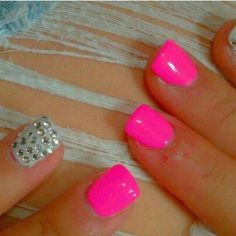 love the pink Neon Pink With Glitter Nails, Hot Pink And Silver Nails Acrylic, Hot Pink Nails With Glitter Accent, Hot Pink And Silver Glitter Nails, Bright Pink And Silver Glitter Nails, Nails Polish, Hot Pink Nails, Girls Nails, I Love Nails