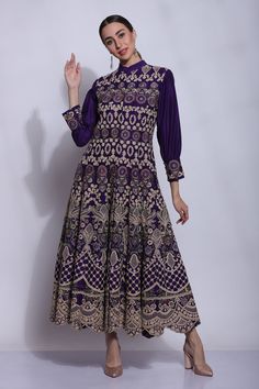 Purple anarkali with mughal jaal, dori and chikankari embroidery.
Component: 1
Pattern: Embroidered
Type Of Work: Mughal jaal, Dori, Chikankari
Neckline: Collar
Sleeve Type: Three quarter
Fabric: 25% Silk, 75% Cotton, Lining : Cotton
Color: Purple
Other Details: 
Closure : Hook and Eye
Occasion: Mehendi and Haldi - Aza Fashions Anarkali Kurta With Intricate Embroidery In Dola Silk, Festive Anarkali Kurta With Intricate Embroidery, Anarkali Kurta With Intricate Embroidery For Festive Occasions, Bollywood Style Jamawar Anarkali Set For Reception, Festive Anarkali Traditional Wear With Intricate Embroidery, Festive Anarkali With Intricate Embroidery, Semi-stitched Anarkali Kurta With Intricate Embroidery, Anarkali Set In Art Silk With Intricate Embroidery, Anarkali Sherwani With Resham Embroidery In Dola Silk