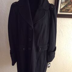 Nwts Beautiful Guess Black Wool Coat Size 2x Fully Lined. Front Pockets. Back Design With Button. Military Top On Shoulders. Black Long Coat Outerwear With Buttons, Black Long Coat With Buttons, Black Pea Coat With Snap Buttons For Winter, Black Button Closure Outerwear For Office, Fitted Black Pea Coat With Button Cuffs, Double-breasted Career Outerwear For Winter, Black Pea Coat For Workwear With Button Cuffs, Black Button-up Outerwear For Cold Weather, Black Pea Coat With Button Cuffs For Work