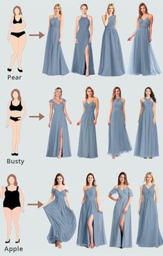 the different types of dresses are shown in this image, and there is also an info sheet