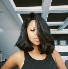 Mid Length Relaxed Black Hair, Silk Press Side Part, Shoulder Length Silk Press Natural Hair, Layered Bob Black Women, Side Part Silk Press, 90s Bob Black Women, Side Part Bob Weave, Shoulder Length Hair Black Women, Big Afros