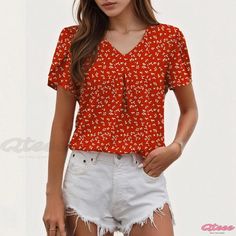 Qteee - Casual Snowflower Chiffon Blouse with Bubble Sleeves Casual Chiffon Blouse With Floral Print, Casual Chiffon Tops With Floral Print, Casual Floral Print Chiffon Tops, Non-stretch Chiffon Tops For Summer, Casual Fitted Chiffon Blouse, Fitted Casual Chiffon Top, Summer Red Chiffon Blouse, Casual Chiffon V-neck Top, Summer Floral Print Chiffon Tops