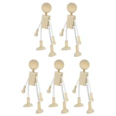 six wooden toy figures with white legs and arms