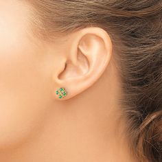 Quartets of dazzling natural emerald gemstones are embellished in the centers by shimmering round diamond accents in these eye-catching women's stud earrings. Fashioned in 14K yellow gold, the earrings secure in place with friction backs. Fine Jewelry Emerald Diamond Earrings, Fine Jewelry Green Diamond Earrings As Gift, Fine Jewelry Green Diamond Earrings For Gift, Green Diamond Earrings For May Birthstone, Fine Jewelry Green Cluster Earrings For Anniversary, Gold Book, Jared The Galleria Of Jewelry, Womens Earrings Studs, Earrings Diamond