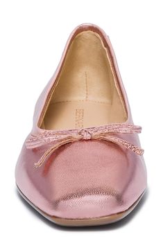 A classic ballet flat crafted from luxe leather gets a contemporary update with a blunt square toe and a dainty bow ornament. Leather upper and lining/rubber sole Made in Brazil Elegant Square Toe Ballet Flats, Elegant Square Toe Ballet Flats With Leather Sole, Formal Square Toe Ballet Flats, Feminine Leather Flats For Party, Elegant Calf Leather Ballet Flats, Elegant Pink Flats With Removable Insole, Formal Square Toe Ballet Flats With Bow, Luxury Low Heel Ballet Flats For Spring, Luxury Ballet Flats With Bow