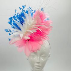 Pink, White and Blue  Derby Fascinator, Kentucky Derby Hat Alternative, Kentucky derby hat by derbyologie on Etsy Ostrich Feather Mini Hat For Royal Ascot Races, Ostrich Feather Mini Hats For Races, Royal Ascot Mini Hats With Ostrich Feathers For Races, Spring Race Mini Hats With Ostrich Feathers, Feathered Mini Hats For Kentucky Derby, Feathered Costume Hats And Headpieces For Kentucky Derby, Feathered Mini Hats For Royal Ascot Races, Mini Hats With Feathers For Royal Ascot Races, Royal Ascot Feathered Mini Hats For Races