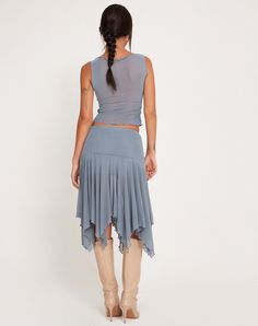 Blue Grey Mesh Low Rise Midi Skirt | Jovali – motelrocks-com-us Fitted Asymmetrical Skirt For Layering, Fitted Midi-length Draped Skirt For Spring, Spring Fitted Midi-length Draped Skirt, Spring Fitted Midi Draped Skirt, Spring Layering Asymmetrical Skirt, Fitted Midi-length Draped Skirt For Summer, Summer Midi Length Draped Skirt, Fitted Midi Draped Skirt For Summer, Summer Fitted Midi Draped Skirt