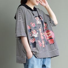 Item Type:BlouseMaterial:71%-80% CottonSeason: SpringStyle:CasualCollar:HoodedClosure Type:LoosePattern Type:Cartoon,StipedDecoration:PrintClothing Placket:PulloverClothing Length:RegularSleeve Length:Half SleeveSleeve Style:Regular One Size (fit for EU38-40,US8-10,UK12-14,AU12-14,NZ12-14 )Shoulder: 66.00 cm/ 25.98 "Bust: 152.00 cm/ 59.84 "Length: 61.00 cm/ 24.02 "Sleeve Length: 18.00 cm/ 7.09 "Waist: 146.00 cm/ 57.48 " Trendy Hooded Summer Top, Casual Striped Hooded Top, Casual Short Sleeve Summer Hoodie, Relaxed Fit Hooded Summer Top, Relaxed Fit Hooded Top For Spring, Relaxed Fit Hooded Top For Summer, Casual Summer Hoodie With Graphic Print, Cotton Graphic Print Summer Hoodie, Summer Cotton Hoodie With Graphic Print