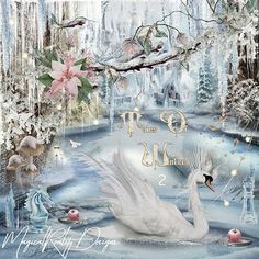 a white swan floating on top of a lake surrounded by snow covered trees and flowers