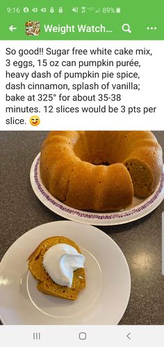 a plate with a bundt cake on it next to a bowl of whipped cream