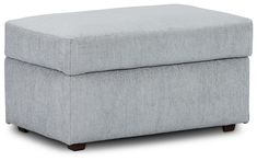 a grey ottoman with wooden legs on a white background