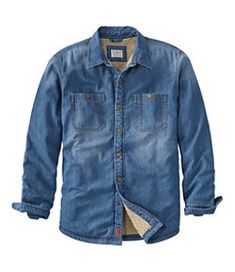 #LLBean: Men's 1912 Heritage Lined Shirt Jac, Denim Rugged Dark Wash Cotton Outerwear, Cotton Dark Wash Outerwear For Outdoor, Dark Wash Cotton Outerwear For Outdoor, Dark Wash Tops With Pockets For Winter, Winter Washed Button-up Top, Winter Button-up Washed Top, Dark Wash Button-up Tops For Winter, Denim Blue Button-up Tops For Winter, Rugged Long Sleeve Denim Jacket For Outdoor