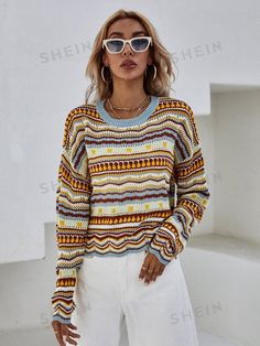 Striped Open Knit Sweater For Fall, Winter Bohemian Long Sleeve Knit Top, Striped Open Knit Long Sleeve Sweater, Striped Long Sleeve Open Knit Sweater, Trendy Multicolor Long Sleeve Knit Top, Bohemian Long Sleeve Pointelle Knit Top, Bohemian Pointelle Knit Crew Neck Sweater, Multicolor Pointelle Knit Sweater For Fall, Winter Multicolor Pointelle Knit Top