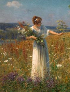 a painting of a woman in a field with wildflowers and grass, holding out her hand