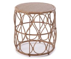 a wicker side table with an iron frame and round top, on a white background