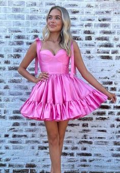 Batmizva Dresses, A-line Satin Dress With Ruffles, Pink Satin Mini Dress With Ruffles, Spring Mini Dress With Heart-shaped Neckline And Ruffles, Spring Mini Dress With Ruffles And Heart-shaped Neckline, Ruffled Mini Dress With Heart-shaped Neckline, Bat Mitzvah Dresses, Dream Prom Dress, Cute Homecoming Dresses