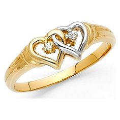 a gold and silver ring with two hearts