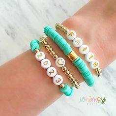 Personalized Custom Aqua and Gold Bracelet Stack, 14kt Gold Filled Non Tarnish Beads, Birthday Present, Socking Stuffer, Gift This adorable aqua bracelet stack is handmade with love by a mama to two little girls! Purchase the individual bracelets you want, or purchase the whole stack. I can customize and personalize any of the words and letters, just let me know what changes you want in the box.  I hope you enjoy this fun and sweet little accessory.  Create and personalize your own stack with th