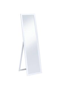 a white mirror sitting on top of a wooden stand