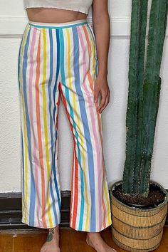 **Please note that all sales are final**Vintage multi-color pastel stripe pants by Tanner of North Carolina. The most absolute softest pants making them perfect for spring and summer. Great condition with no flaws to note. Talon zipper and slight flare. * High rise* Hook and zip closure* Fits a size 26 waist**Contents*** Cotton **Care/Import*** Machine wash cold* Lay flat/hang dry* Made in the USA**Dimensions*** Waist: 26 inches* Hips: 38 inches* Rise: 13 inches* Inseam: 27.5 inches Stripe Pants, Pastel Stripes, Soft Pants, Color Pastel, Striped Pants, Boho Clothing, Boho Outfits, Lay Flat, Color Coding