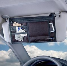 the inside of a car with an open pocket