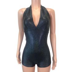 Made of our black holographic spandex, this halter romper hugs the body, but offers plenty of stretch. The halter top ties at the back of the neck. Our seamless front design is extremely comfortable and prevents camel toe. Wear this to a rave, to a festival, or an aerial performance. Metallic Sleeveless Stretch Bodysuit, Metallic Stretch Sleeveless Bodysuit, Shiny Summer Bodysuit For Club, Metallic Sleeveless Halter Top For Night Out, Party Stretch Halter Top With T-back, Disco Bodysuit For A Summer Night Out, Fitted Halter Neck Party Bodysuit, Stretch T-back Halter Top For Party, Metallic Fitted Sleeveless Halter Top