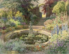 a painting of a garden with flowers and water lilies in the foreground is a fountain