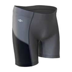 men's swimming trunks with grey and black panels on the bottom, side view