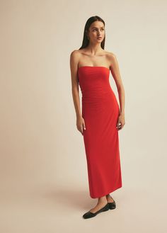 THE COLETTE DRESS Feminine Voluminous Midi Dress, Chic Red Knee-length Midi Dress, Luxury Red Strapless Midi Dress, Red Ruched Knee-length Midi Dress, Red Midi-length Elastane Dress, Full Length, Strapless Dress