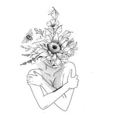 a drawing of a woman with flowers on her head and arms around her body, holding a heart