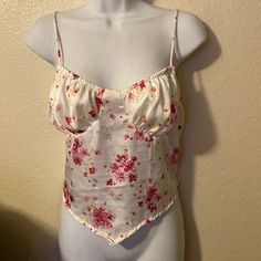 Rue 21 Satiny Floral Spaghetti Strap Tank Top White And Pink 17 1/2 Inches Armpit To Armpit 21 Inches Long From Shoulder Trendy Camisole With Built-in Bra For Spring, White Tank Top With Built-in Bra For Day Out, White Flirty Camisole For Summer, Flirty White Camisole For Summer, Fitted Summer Tank Top With Built-in Bra, Fitted Tank Top With Built-in Bra For Summer, Fitted Floral Print Cami Tank Top, Feminine White Top With Built-in Bra, Fitted Strappy Tank Top For Summer