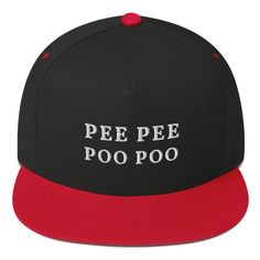 a black and red hat with the words pee poo on it