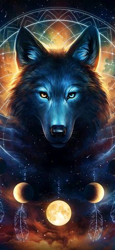 a wolf with blue eyes standing in front of the moon and stars, surrounded by other phases