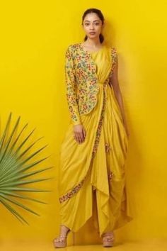 Cotton Silk Gown Dress  Embroidered Patterned jacket Yellow Haldi Outfit, Cowl Drape Dress, Drape Sari, Indo Western Outfits For Women, Haldi Dress, Haldi Outfits, Haldi Outfit, Draping Fashion, Cowl Dress