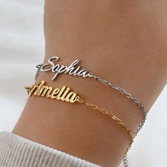 This beautiful bracelet features a custom name charm made from silver and 18k gold PVD plated stainless steel and 9 different chain types to choose from. Available in lengths of 6 to 8 inches. A lovely gift or a special treat for yourself! Font type in photos: Amelia: Font 2 Sophia: Font 1 Material: Stainless Steel Chain Types: Figaro                         Rolo (2mm)                         Medium Paperclip (3.5x12mm)                         Curb (2 mm)                         Satellite                          Sequin                         Cable Finish: 18k Gold PVD Plated Length:6", 7", 8" and comes with an extra 2" extender Browse our wide range of jewelry collection online:  https://www.etsy.com/shop/LeylaMDesignStudio ♥ PACKAGING ♥ All our jewelry come in an eco-friendly package wi Metal Name Bracelet For Personalized Gift, Personalized Metal Name Bracelet As Gift, Personalized Metal Name Bracelet Gift, Personalized Name Bracelet In Stainless Steel, Personalized Metal Bracelets With Nameplate, Metal Bracelets For Personalized Gifts, Custom Name Metal Bracelet As Personalized Gift, Personalized Metal Bracelets As Gifts, Custom Name Metal Bracelet For Personalized Gift